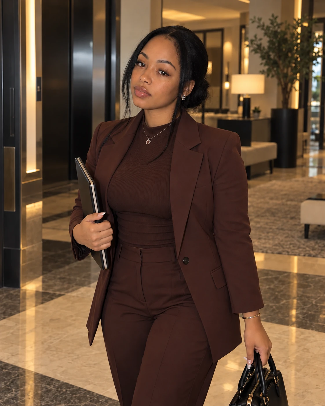 Radiance Mack wearing a brown suit and carrying a portfolio