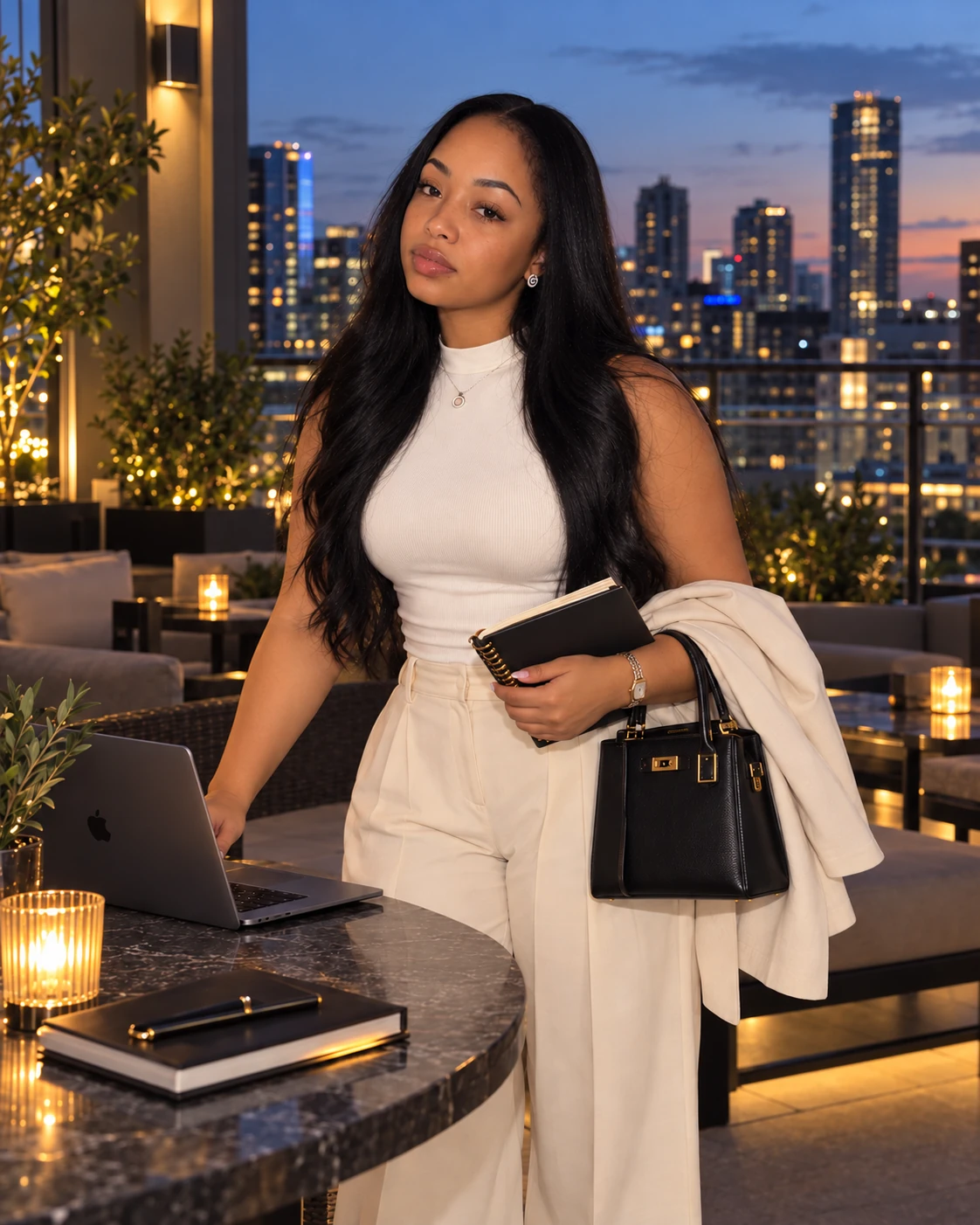 Radiance Mack on a rooftop terrace as the city lights come on