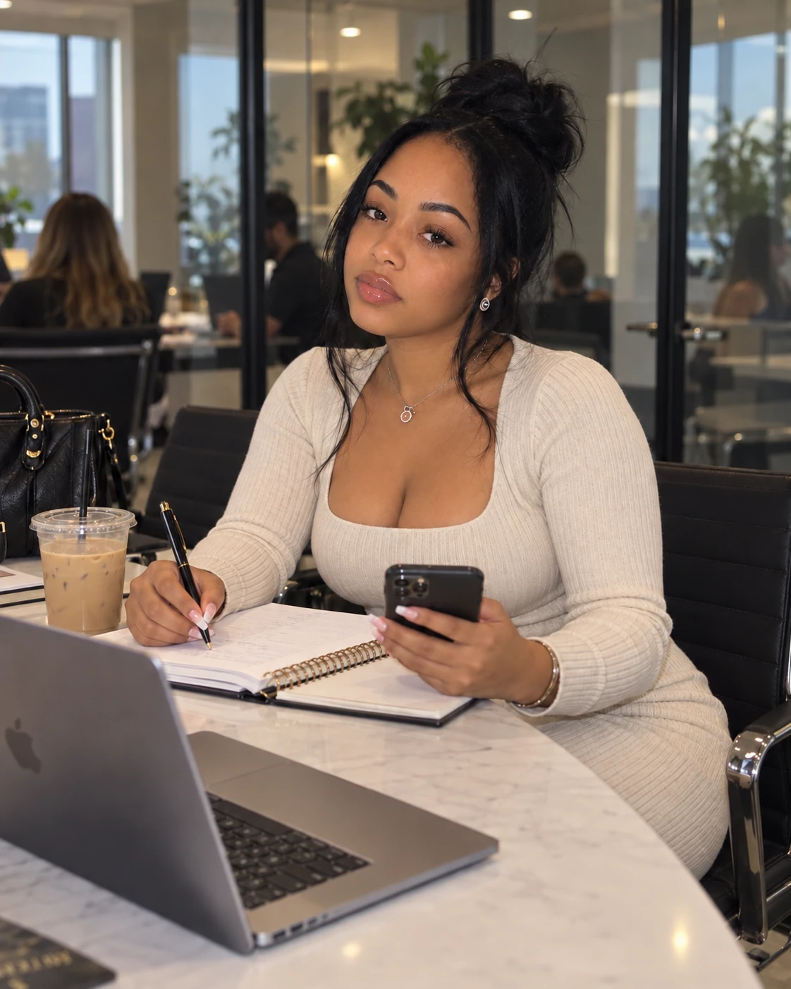 Radiance Mack seated with a notebook and coffee in a bright café
